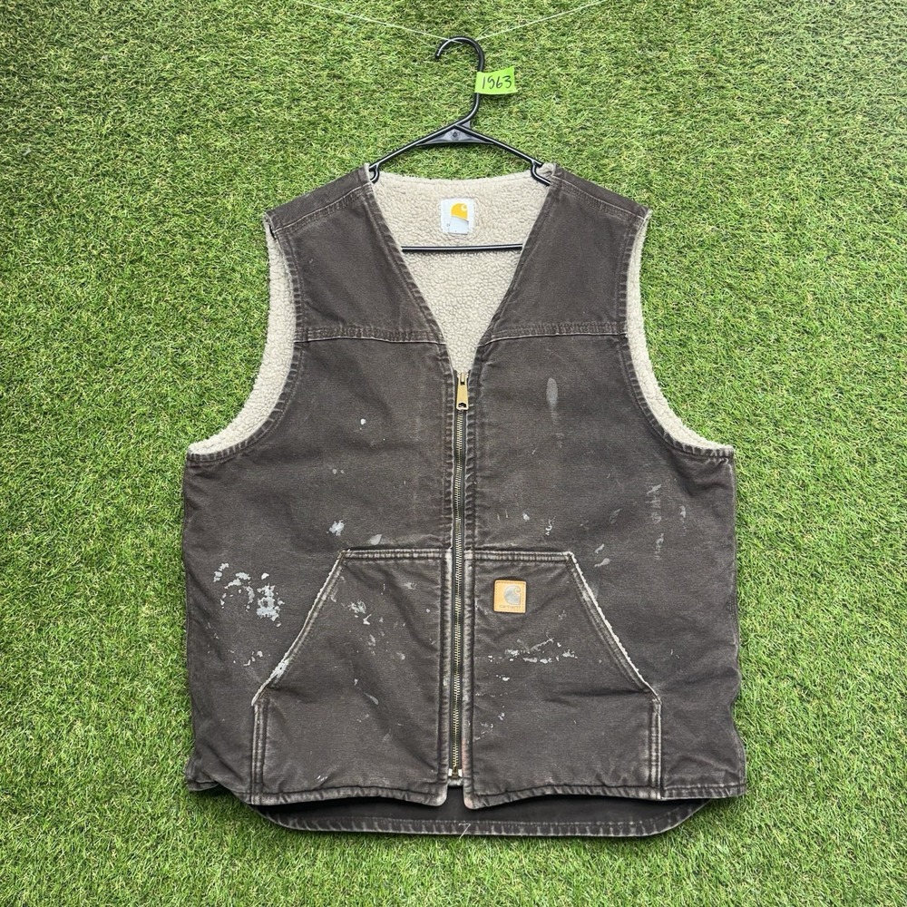 Carhartt Work Vest Mens Large V26 DKB Brown Canvas Sherpa Lined Full Zip Outdoor